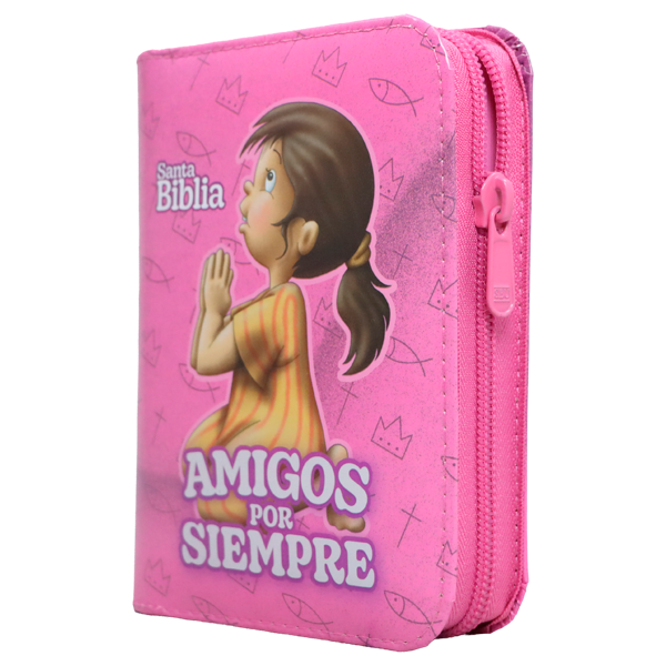 Biblia Infantil Amigos por Siempre Reina Valera 1960 Tamaño Bolsillo Letra Mediana Vinil Rosa Cierre PJR [RVR022cdPZPJRa]   