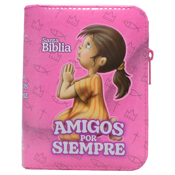 Biblia Infantil Amigos por Siempre Reina Valera 1960 Tamaño Bolsillo Letra Mediana Vinil Rosa Cierre PJR [RVR022cdPZPJRa]   